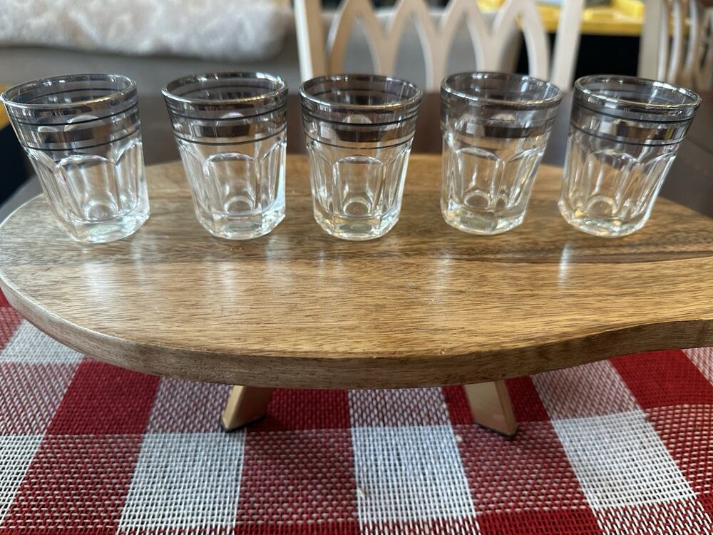 Set Of 5 Vintage Federal Glass Company Crystal and Striped Shot Glasses